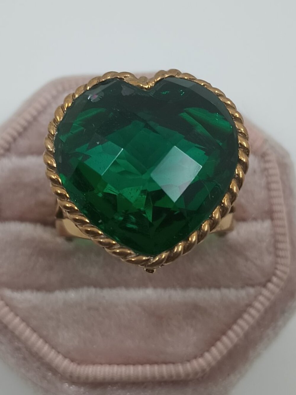 Vintage Sajen Gold Plated Green Quartz Heart Cocktail Ring Sz 10